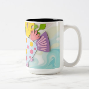 Paper Collage Pufferfish Art Two-Tone Coffee Mug