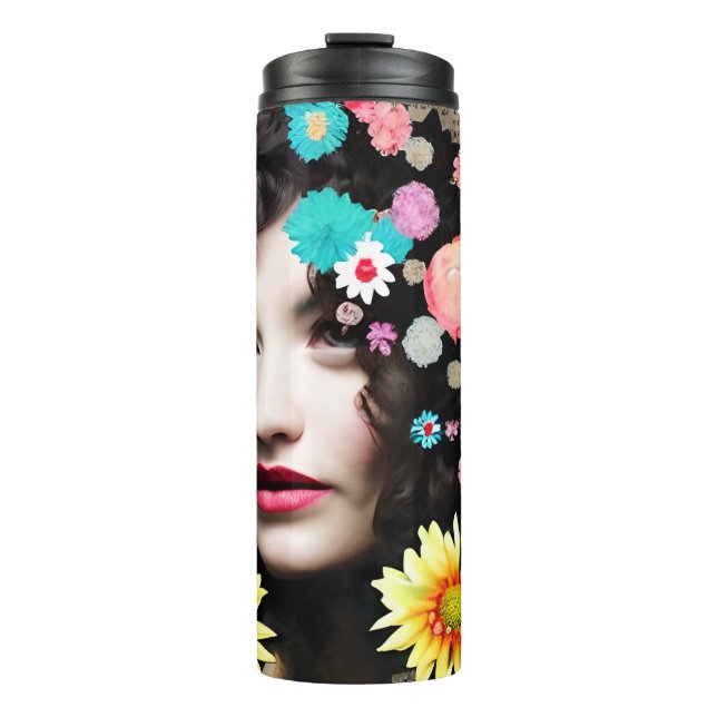 Paper Collage Style Art | Pretty Lady and Flowers Thermal Tumbler (Front)