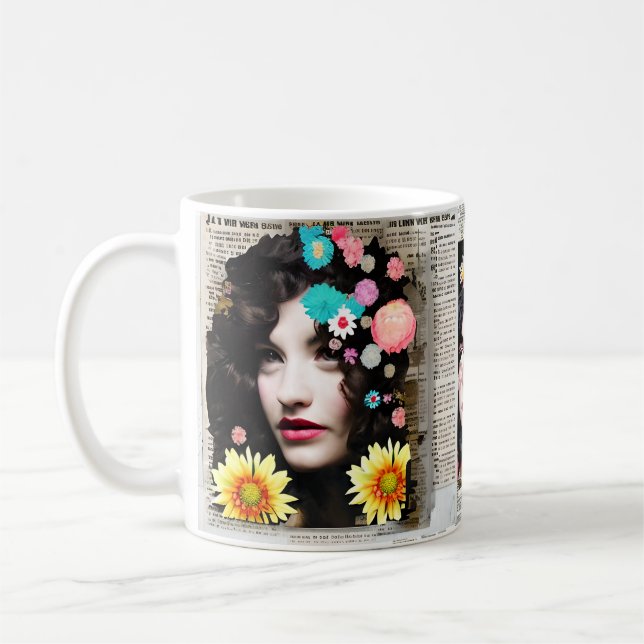 Paper Collage Style Art | Women and Flowers Coffee Mug (Left)