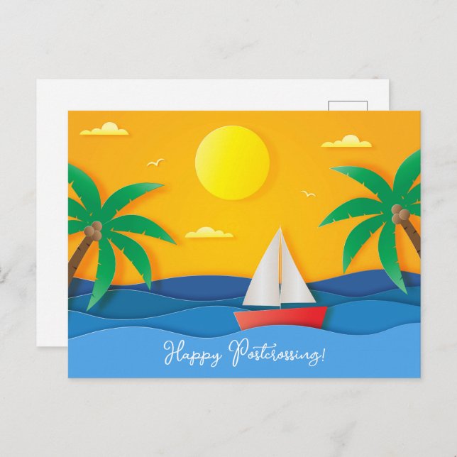 Paper Craft Sunset Ocean Sailing Postcard (Front/Back)