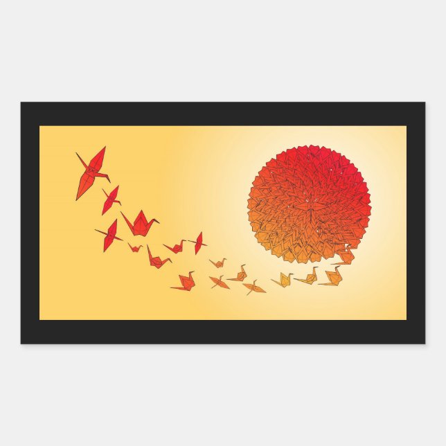 Paper cranes forming into the rising sun. rectangular sticker (Front)