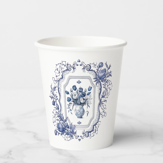 Paper Cup Delft Blue Floral Party Tableware (Front)