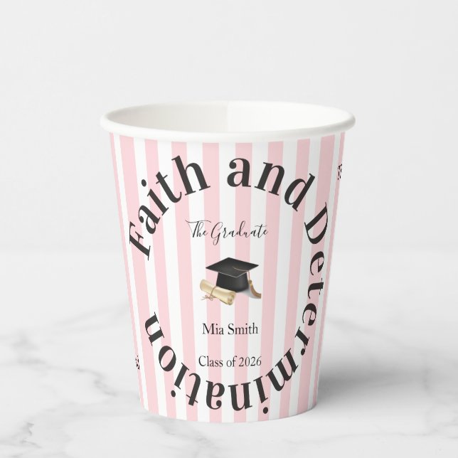 Paper Cup Pink & White Stripe Graduate 2026 (Left)