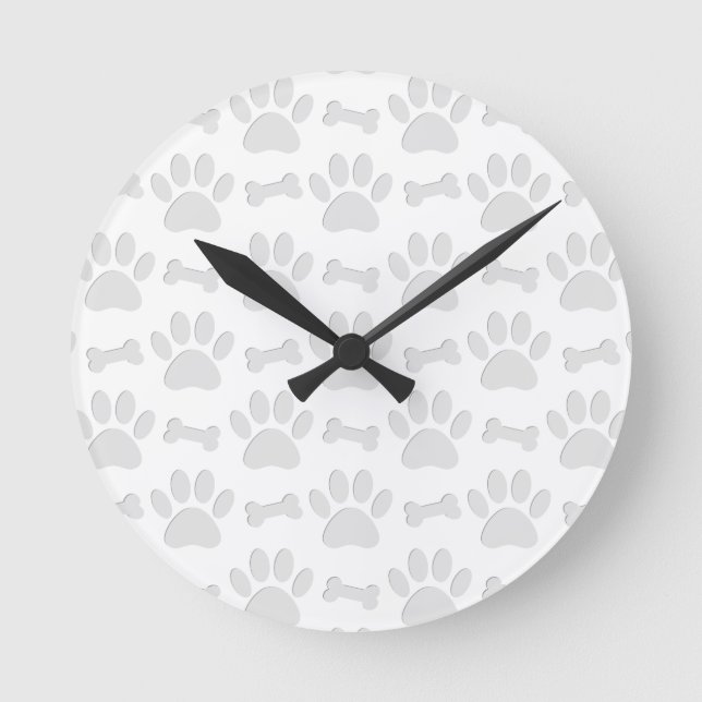 Paper Cut Dog Paws And Bones Pattern Round Clock (Front)