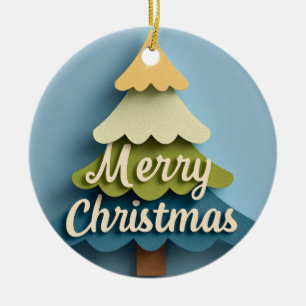 Paper-Cut "Merry Christmas" Tree Illustration Ceramic Ornament
