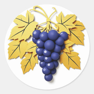 Paper Cut Style Cluster of Grapes with Elegant Classic Round Sticker