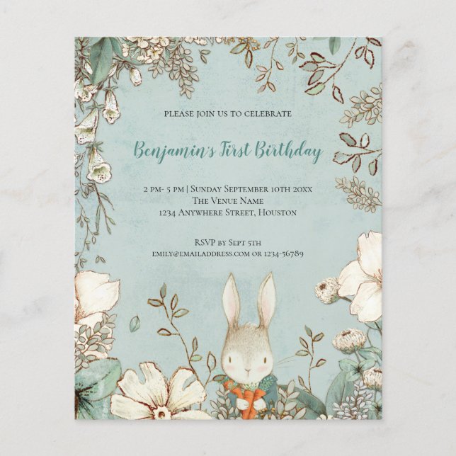 PAPER Cute Bunny Foliage 1st Birthday Boy Invite (Front)