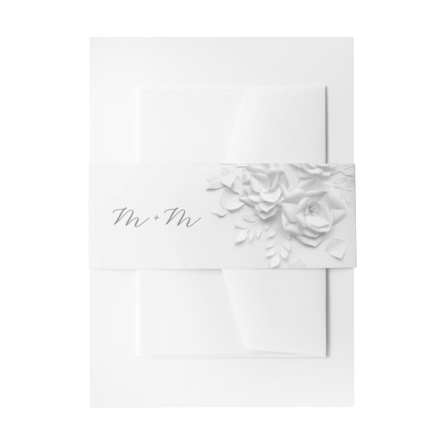 Paper Cute White 3D Roses Wedding Invitation Belly Band (Front Example)