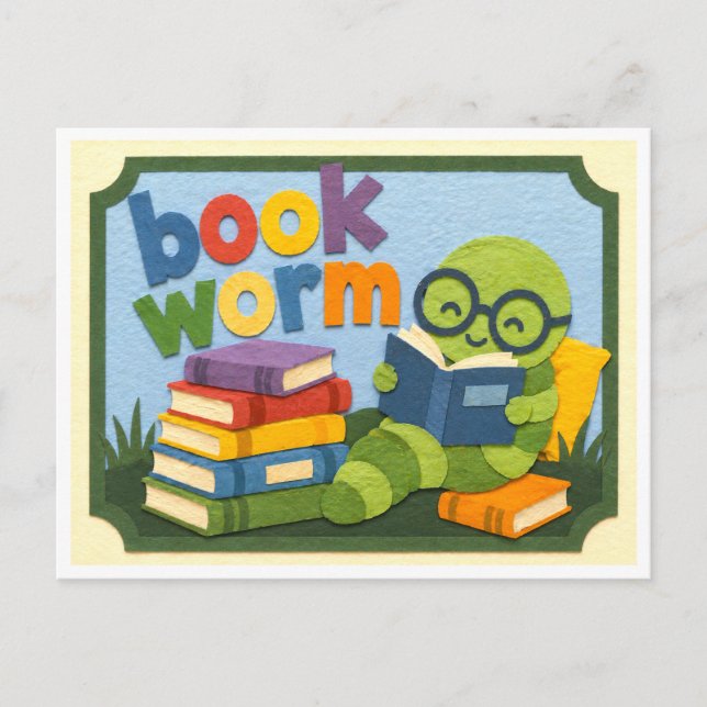Paper Cutout Bookworm Postcard (Front)