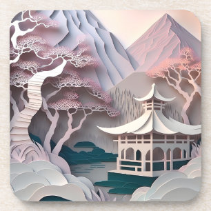 Paper Cutout Pavilion Landscape plastic coaster
