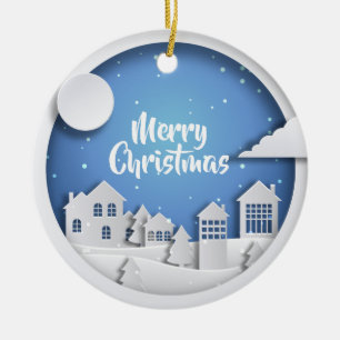 Paper Cutout Winter Scene Ceramic Ornament