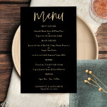PAPER Elegant Gold Script Black Wedding Menu<br><div class="desc">PAPER Elegant Gold Script Black Wedding Menu A value for money paper alternative in classic black and gold.. With a stylish set script for Menu and easily personalize the rest of the text. The font colors can be changed via the edit menu. You can also change background colors on each...</div>