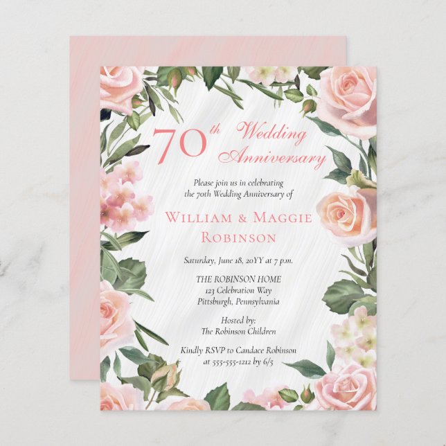 PAPER Elegant Pink Floral 70th Anniversary Party (Front/Back)