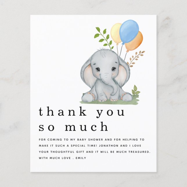 PAPER Elephant Boy Baby Shower Blue Thank You (Front)