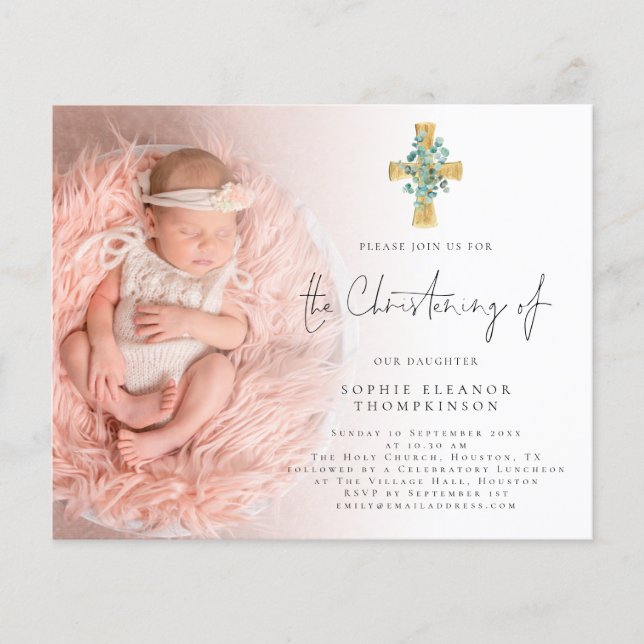 PAPER | Eucalyptus Cross Photo Christening Invite (Front)