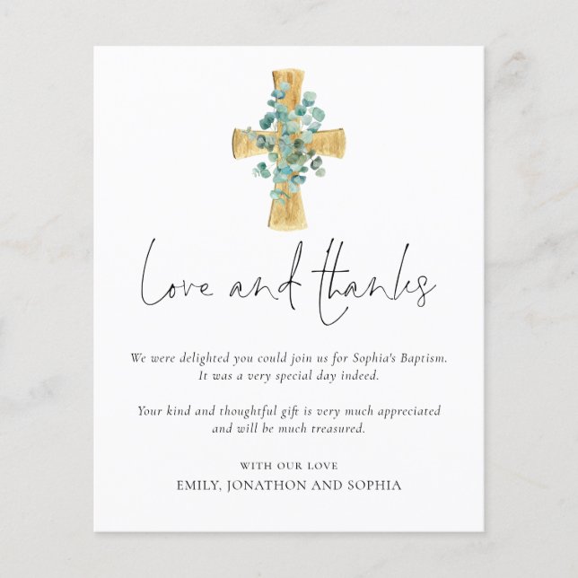 PAPER Eucalyptus Cross Script Baptism Thank You (Front)