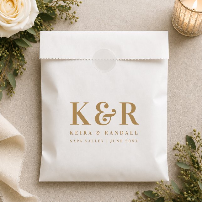 Paper Favour Bag | Wedding Monogram Gift Bags (Personalized paper favor bag with wedding monogram, couple names, date, and venue details.)
