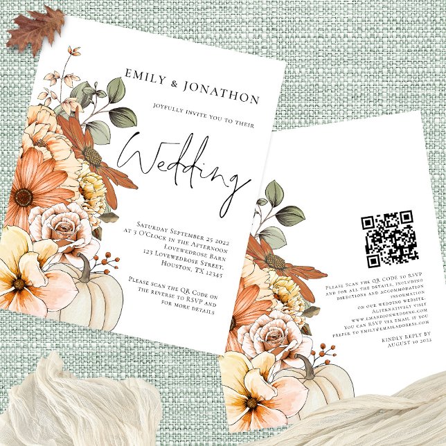 PAPER Floral Pumpkin Script QR Wedding Invitation (Front and Back View)