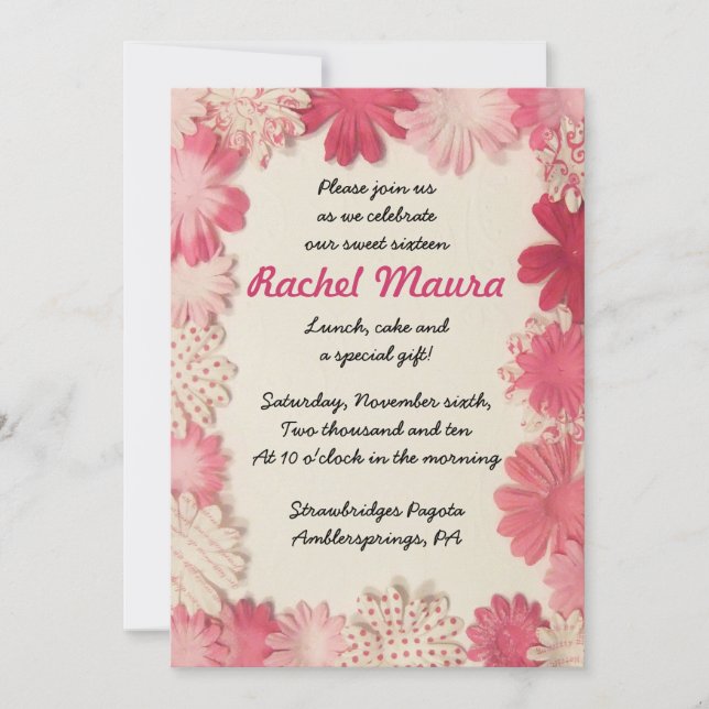 Paper Flowers Hot Pink Sweet Sixteen 16 Invitation (Front)
