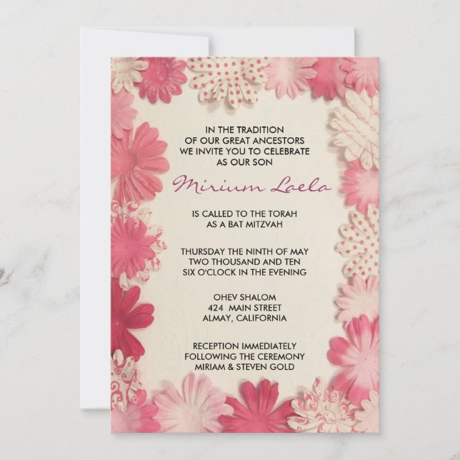 Paper Flowers Pink Bat Mitzvah Invitation Invite (Front)