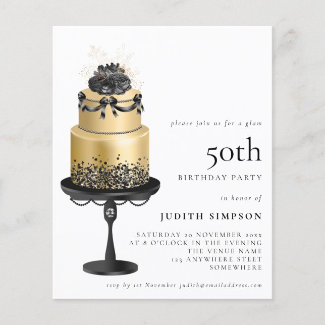PAPER Glam Cake Florals Gold Black 50th Invite (Front)