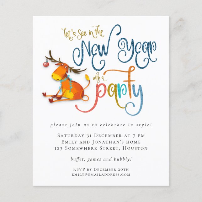 PAPER | Glitter Funny Deer New Year Party Invite (Front)