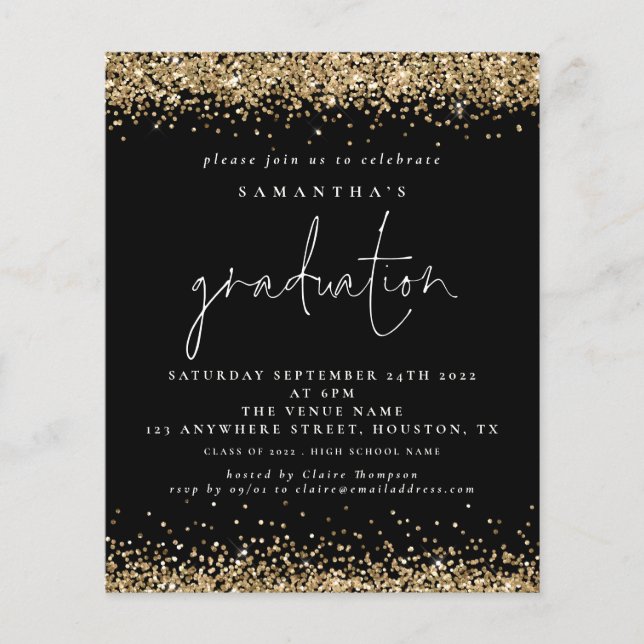 PAPER Gold Glitter 2022 Graduation Black Invite (Front)