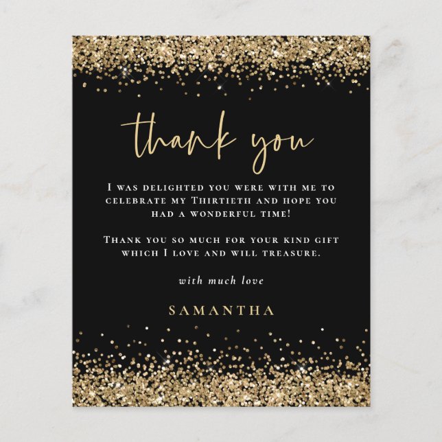 PAPER Gold Glitter 30th Birthday Black Thank You (Front)