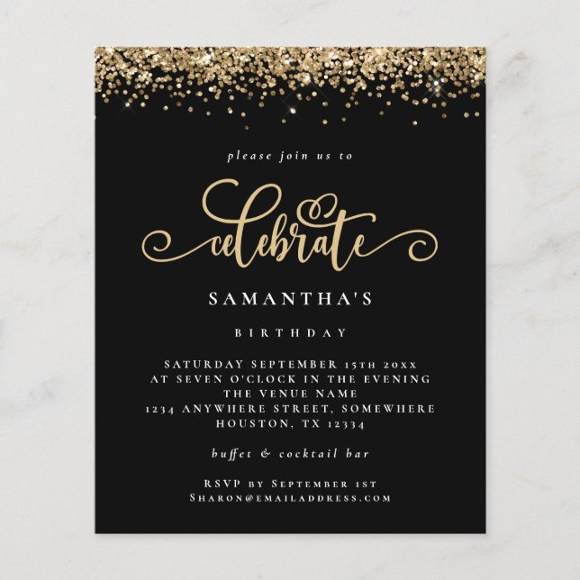 PAPER Gold Glitter Celebrate Birthday Black Invite (Front)