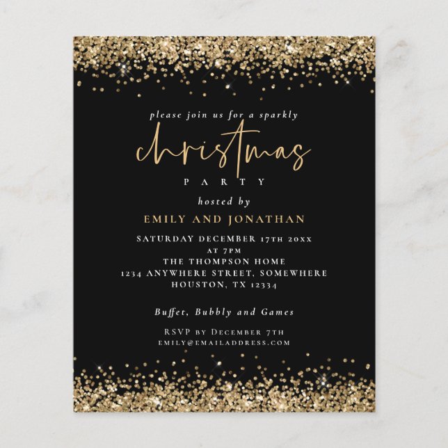 PAPER | Gold Glitter Christmas Party Black Invite (Front)