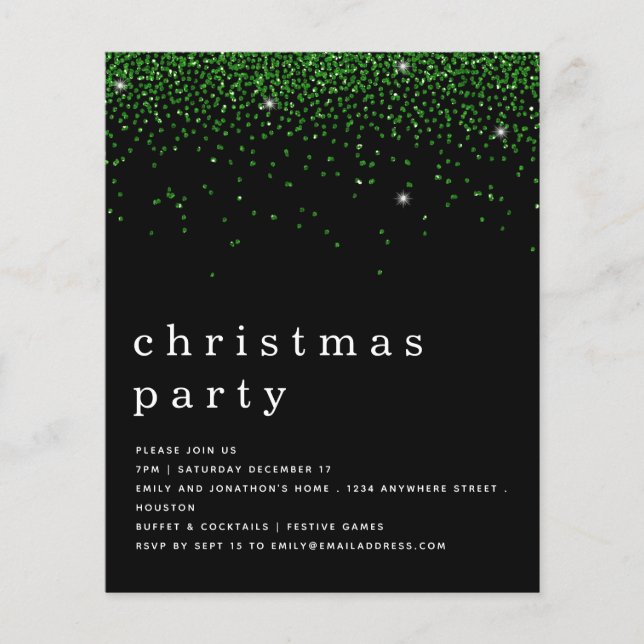 PAPER | Green Glitter Christmas Party BlAck Invite (Front)
