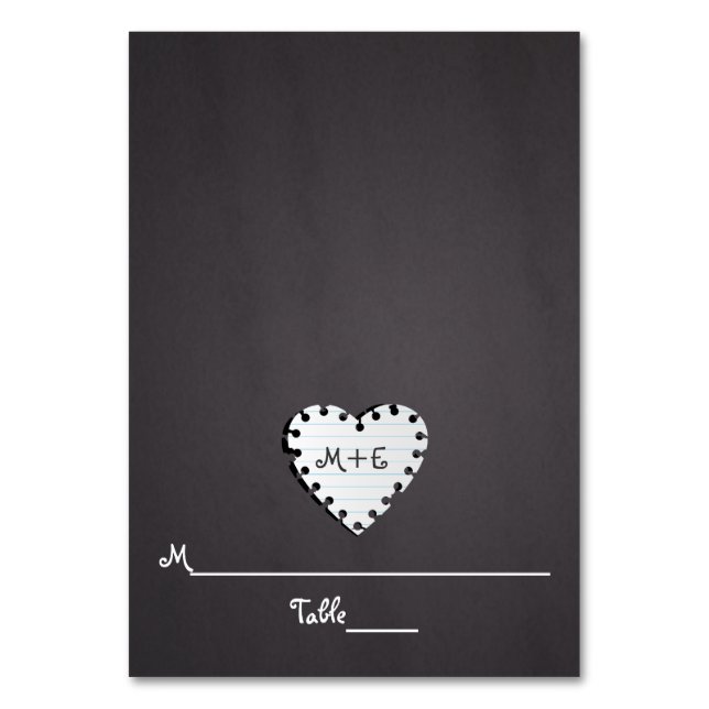 Paper heart chalkboard monogram wedding place card (Front)