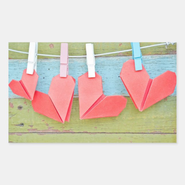 Paper Heart Hanging On The Clothesline Rectangular Sticker (Front)