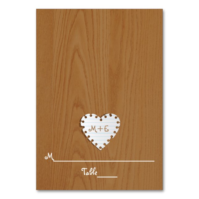 Paper heart on wood & monogram wedding place card (Front)