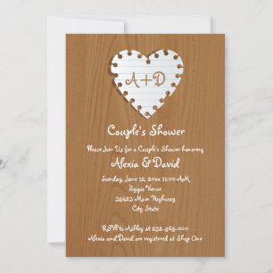 Paper heart on wood wedding couples shower invitation