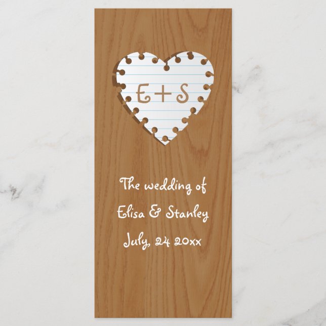 Paper heart on wood wedding program (Front)