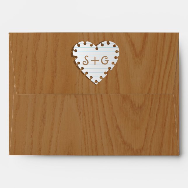 Paper heart on wood with monogram wedding envelope (Back (Top Flap))
