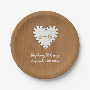 Paper heart on wood with monogram wedding paper plate