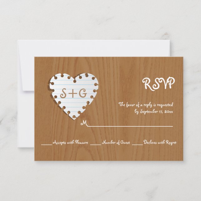 Paper heart on wood with monogram wedding RSVP Card (Front)