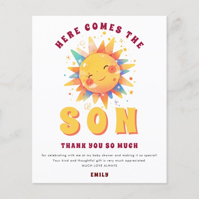 PAPER Here Comes The Son Baby Shower Thank You (Front)