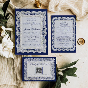 Paper Lace Royale Blue Old Money Doily Wedding Invitation