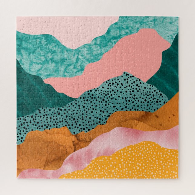 Paper landscape, ripped, torn edges, greens, rust, jigsaw puzzle (Vertical)