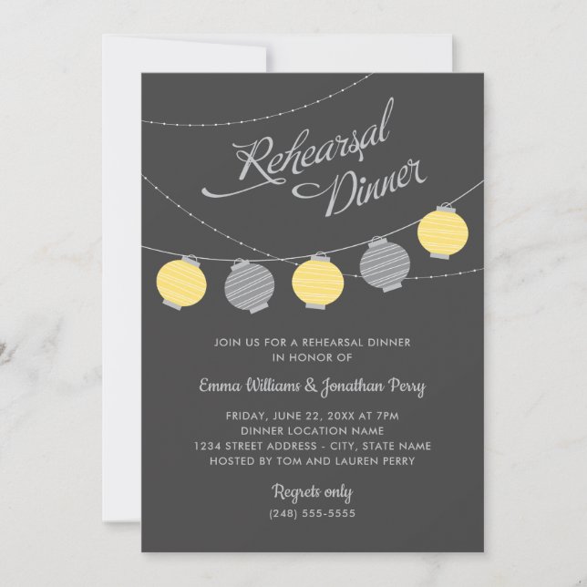 Paper Lantern Yellow Grey Wedding Rehearsal Dinner Invitation (Front)