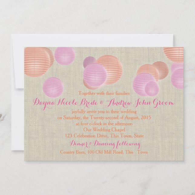 Paper Lanterns Coral Pink Rustic Wedding Invitation (Front)