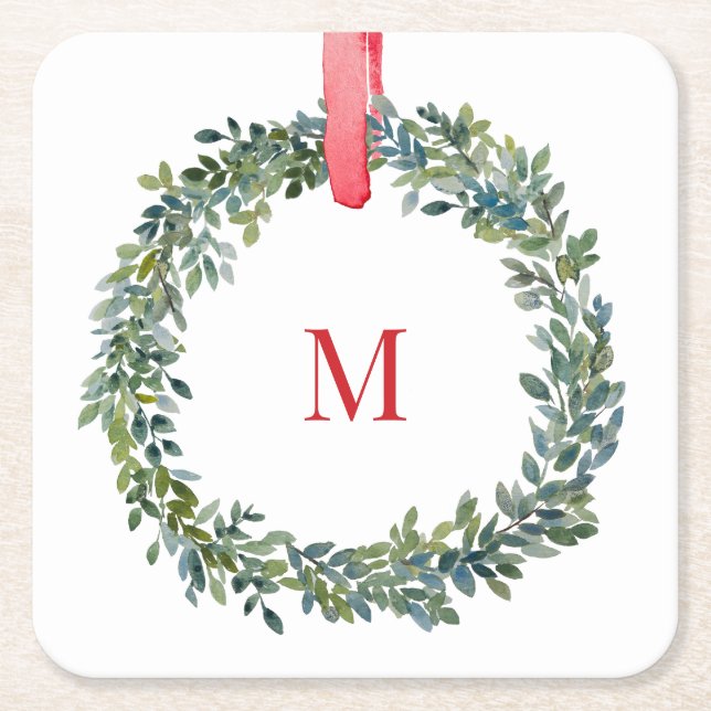 Paper Monogram Christmas Watercolor Coaster (Front)