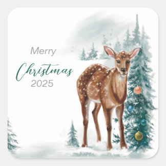 Paper Napkin Doe and Christmas Trees Square Sticker