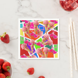 Paper Napkins, Abstract Ice Cream Pink Hearts Napkin