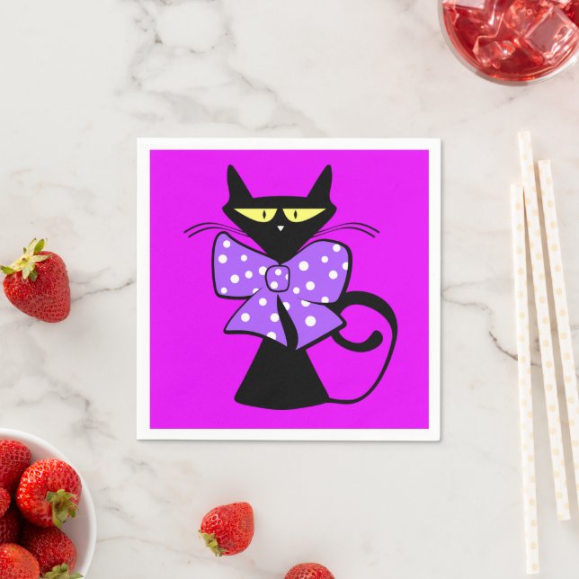 Paper Napkins, Black Cat Purple Bow Napkin (Insitu)