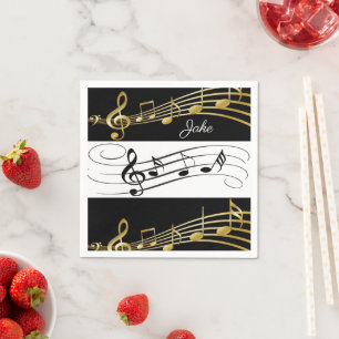 Paper Napkins, Black White Gold Music Notes Napkin