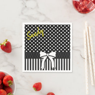 Paper Napkins, Black White Polkadot Stripe Bow Napkin